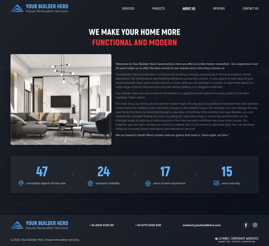 interior page design on the topic The site is in English — Your Builder Hero promo site 10