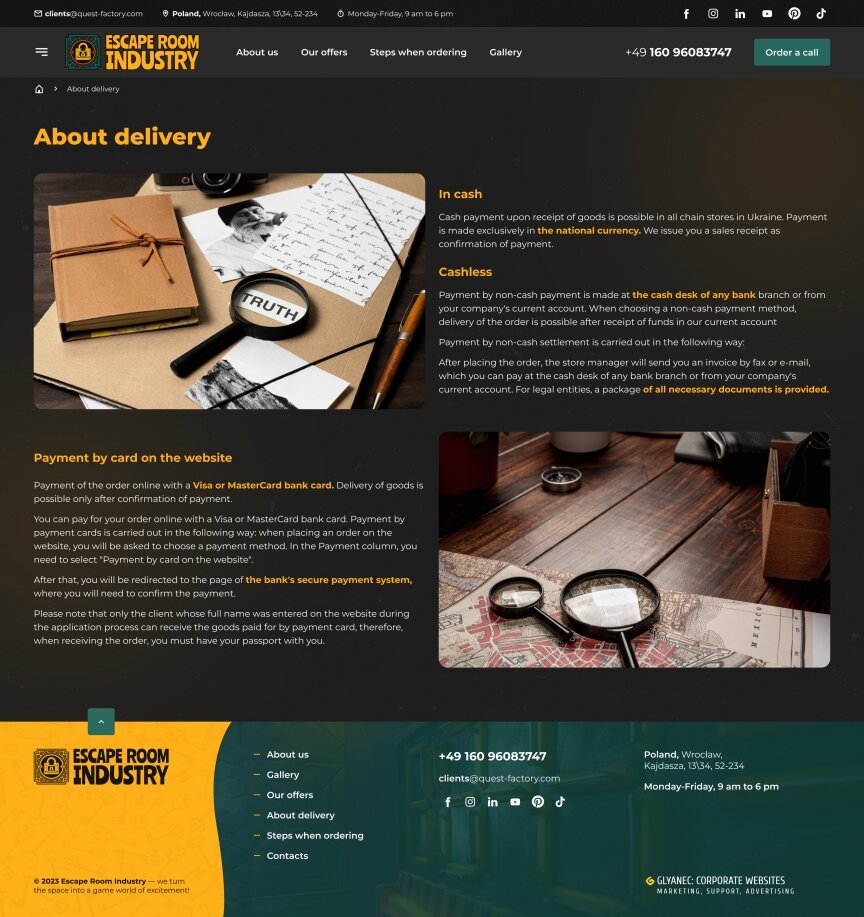 interior page design on the topic Gry — Strona korporacyjna dla branży Escape Room Industry 0